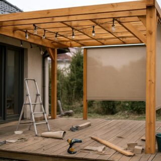 Pergola tarasowa z oświetleniem i roletami bocznymi