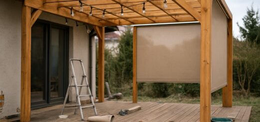 Pergola tarasowa z oświetleniem i roletami bocznymi