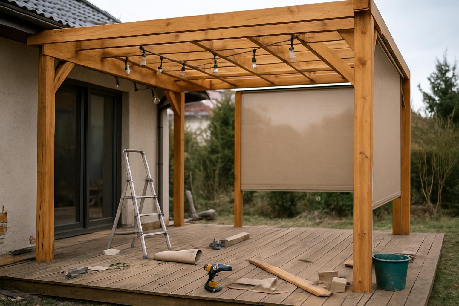 Pergola tarasowa z oświetleniem i roletami bocznymi