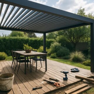 Pergola tarasowa z ruchomymi lamelami w nowoczesnym ogrodzie