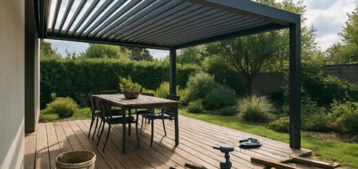 Pergola tarasowa z ruchomymi lamelami w nowoczesnym ogrodzie