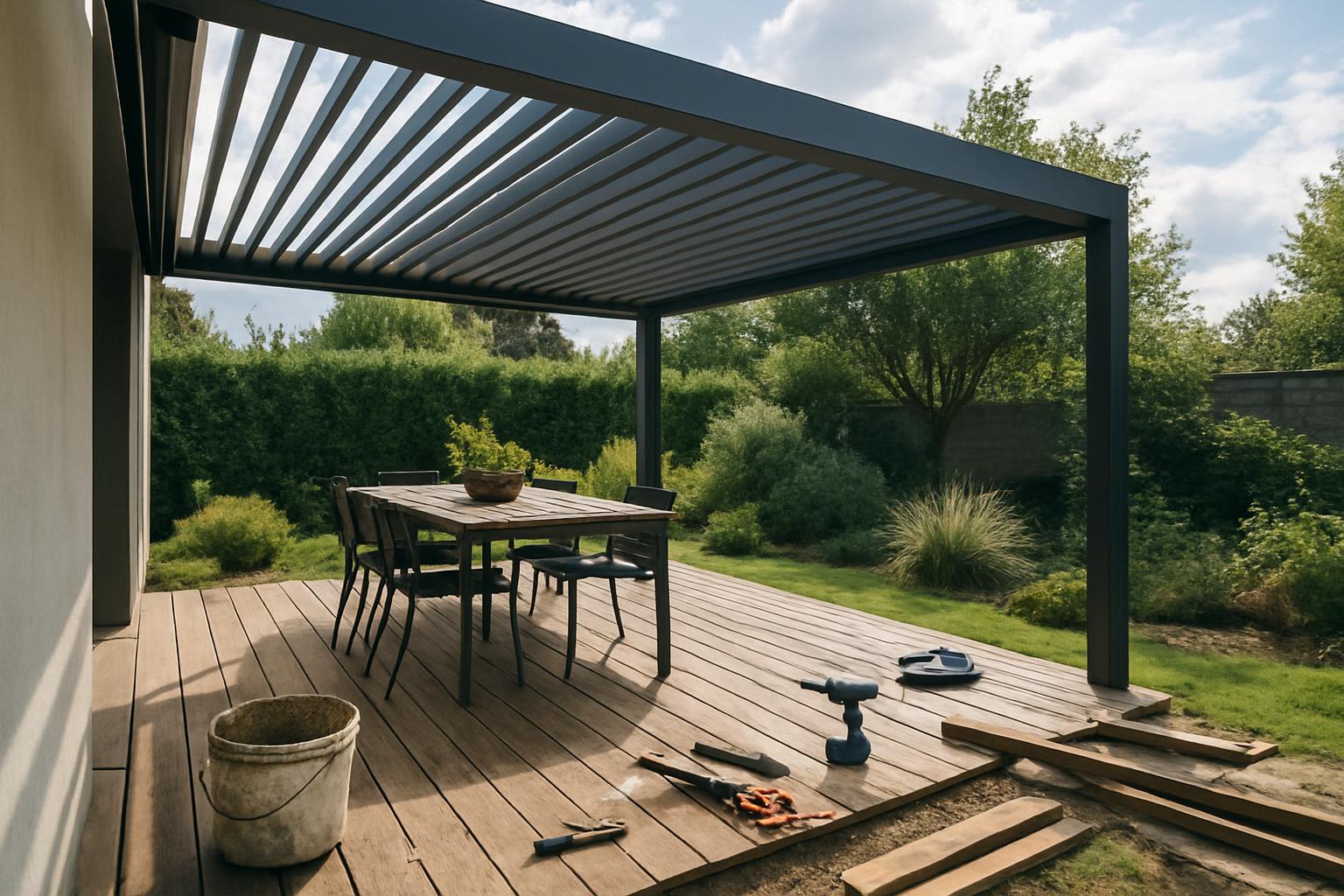 Pergola tarasowa z ruchomymi lamelami w nowoczesnym ogrodzie
