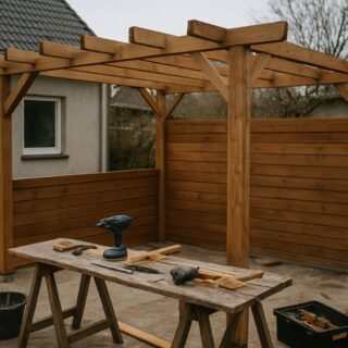 Pergola tarasowa z drewnianą zabudową boczną