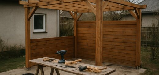 Pergola tarasowa z drewnianą zabudową boczną