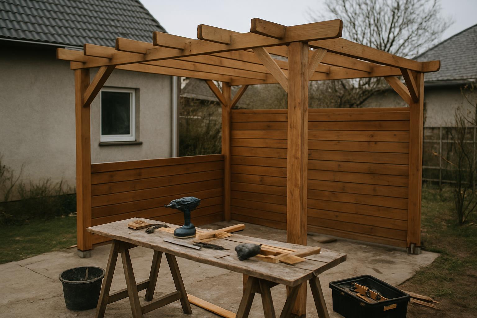 Pergola tarasowa z drewnianą zabudową boczną